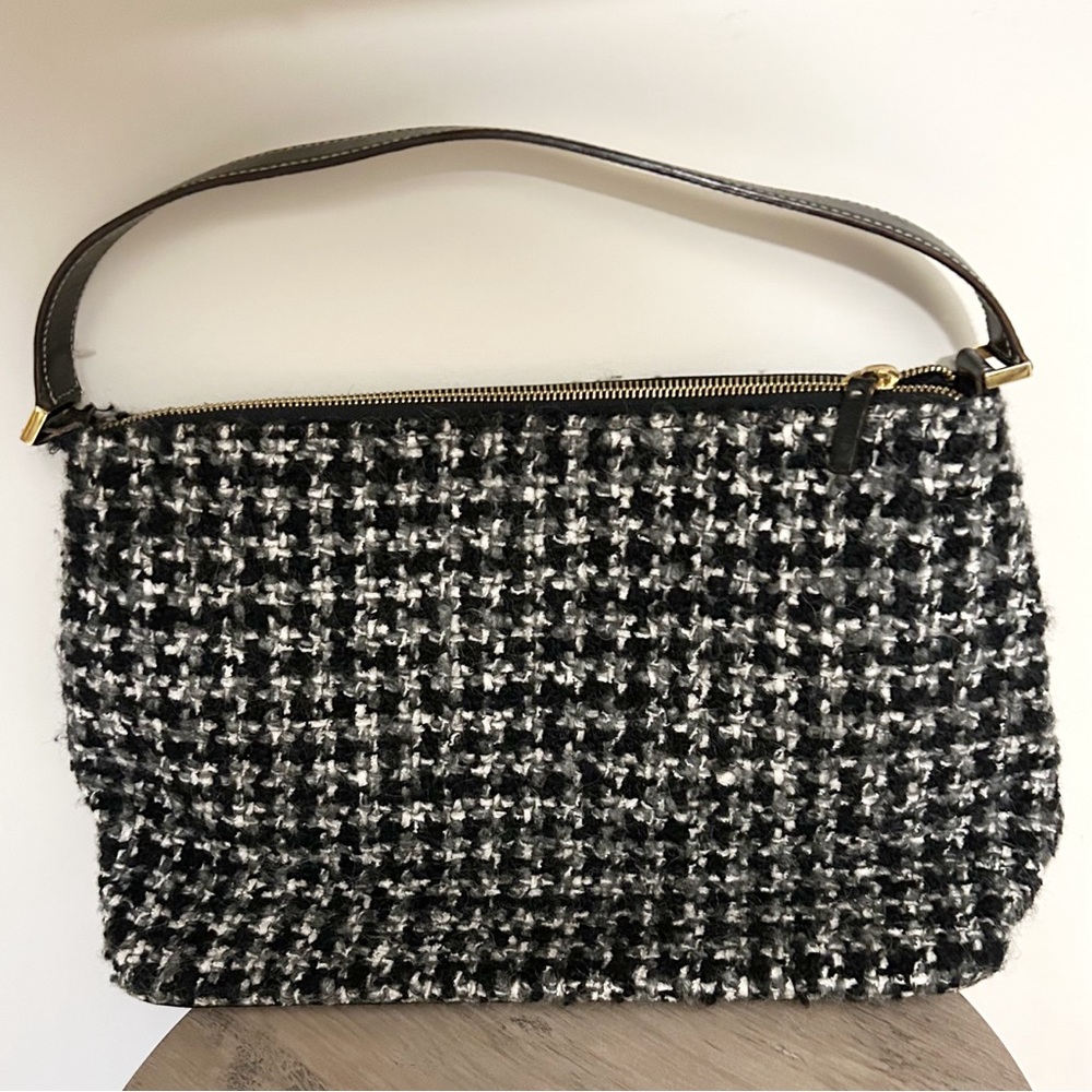 Kate Spade Preppy Black & White Tweed w/ Leather Trim Zip Vintage Shoulder Bag